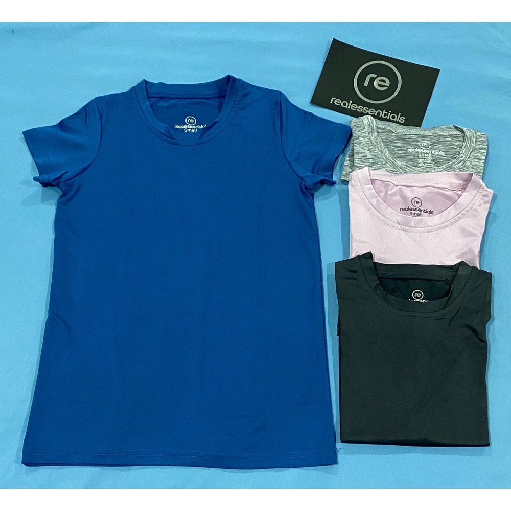 Real Essentials Girls 4 Pack Dry Fit Crew Neck T-Shirts Small 6-7 Blue Pink Blk